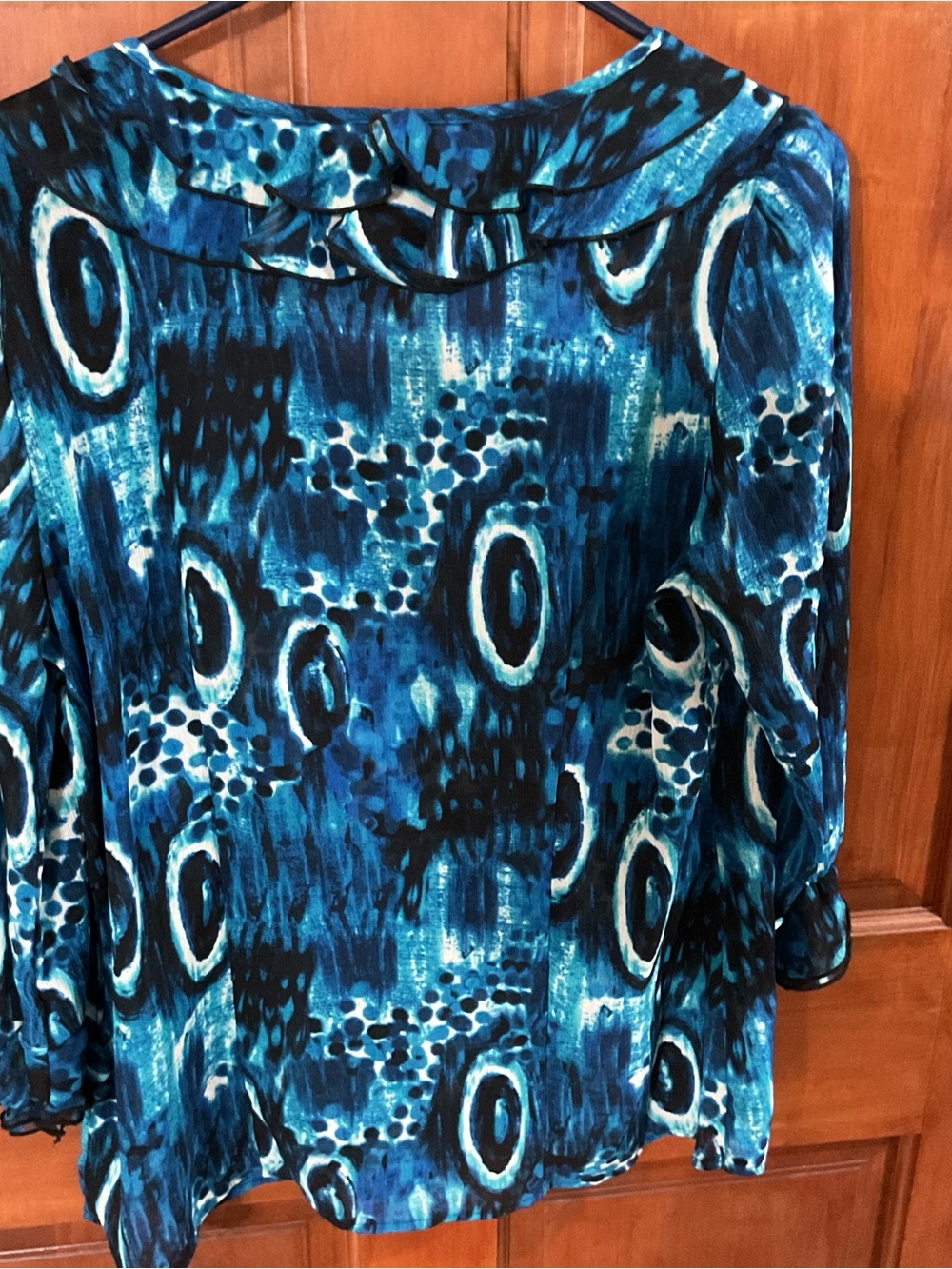 Essentials Blue Patterned Ruffle-Tie Front Blouse - Picture 3 of 3